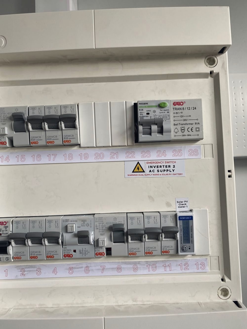 A consumer unit with the solar and battery circuits labelled