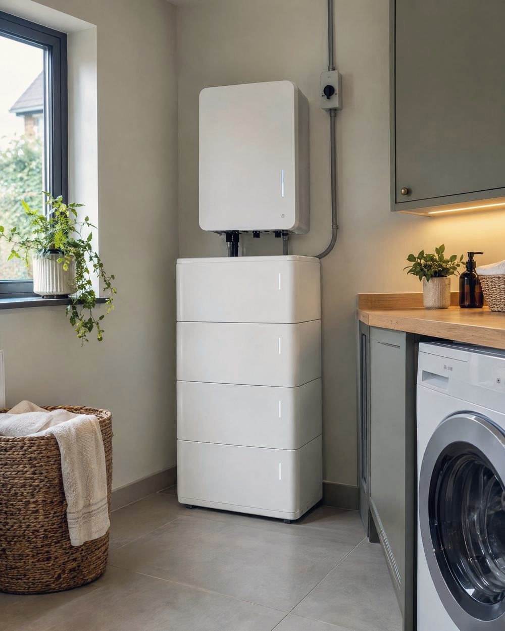 A white home battery in a utility room