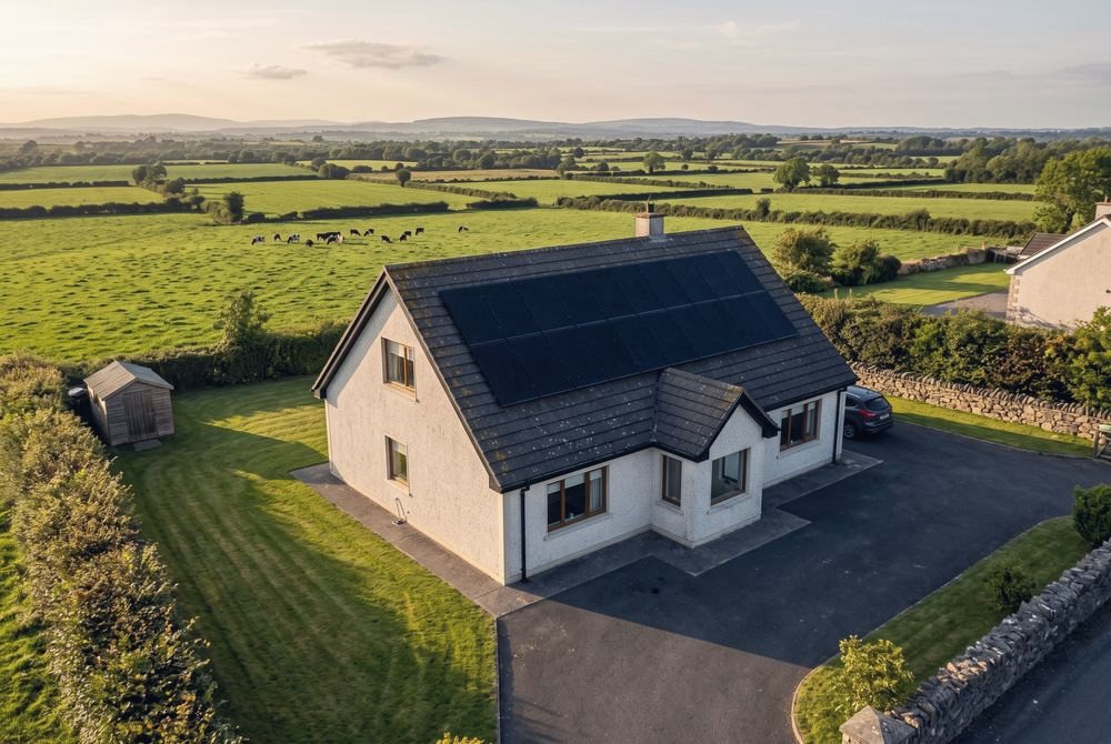 An aerial view of a bungalow with black solar panels