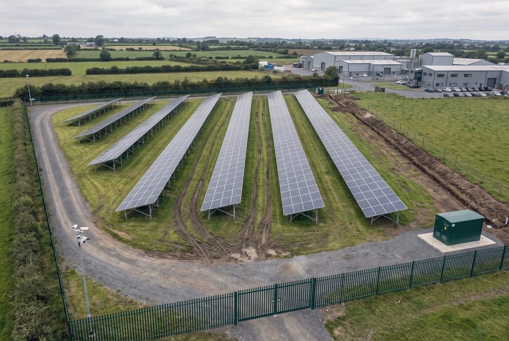 Rows of ground-mounted solar panels in a field