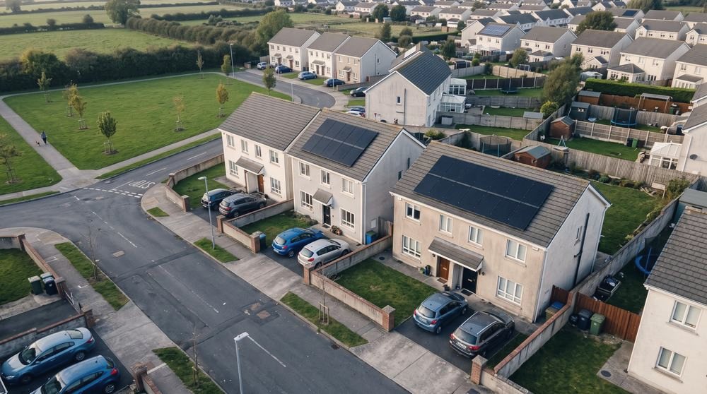 An aerial view of a housing estate with solar panels on several roofs