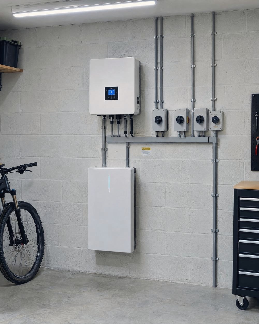 A hybrid inverter and battery fitted on a garage wall
