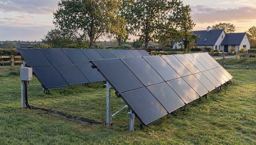 Solar panels on a ground-mounted frame in a field