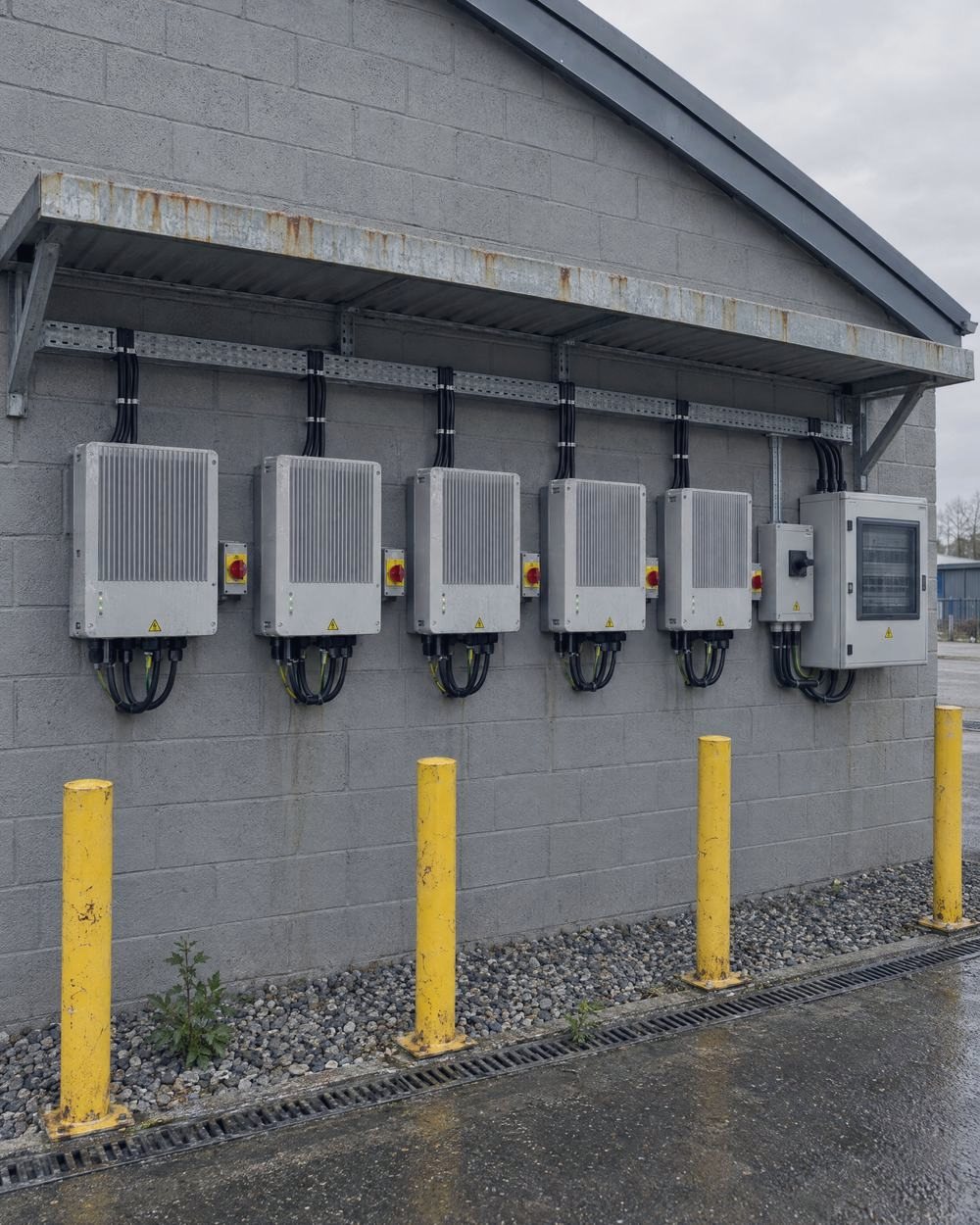 Inverters mounted on a plant-room wall