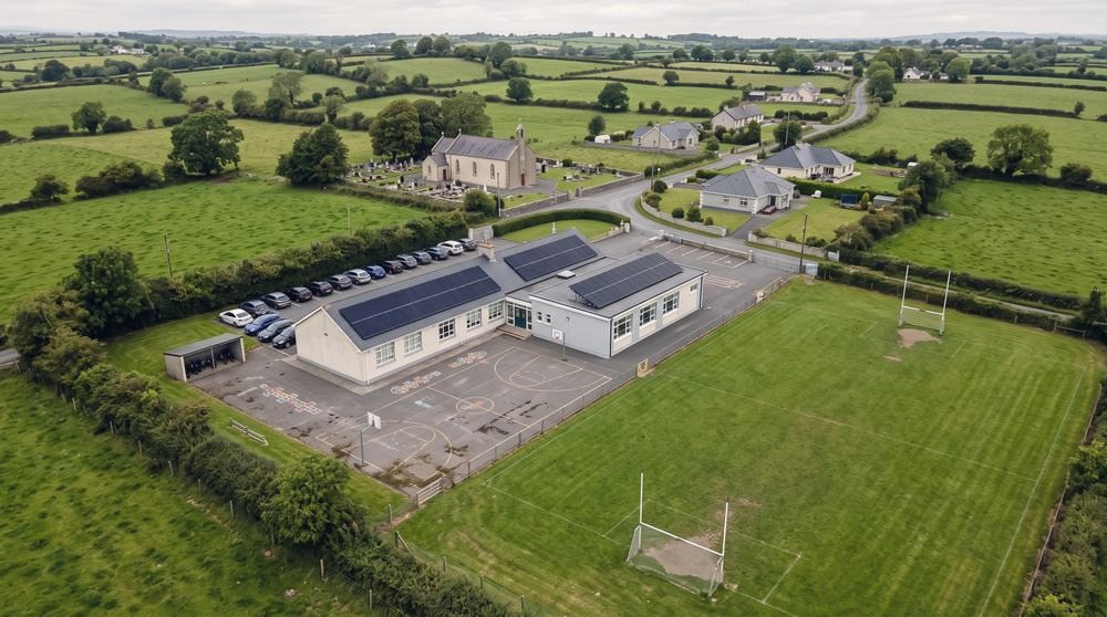 A school building with solar panels beside its pitch