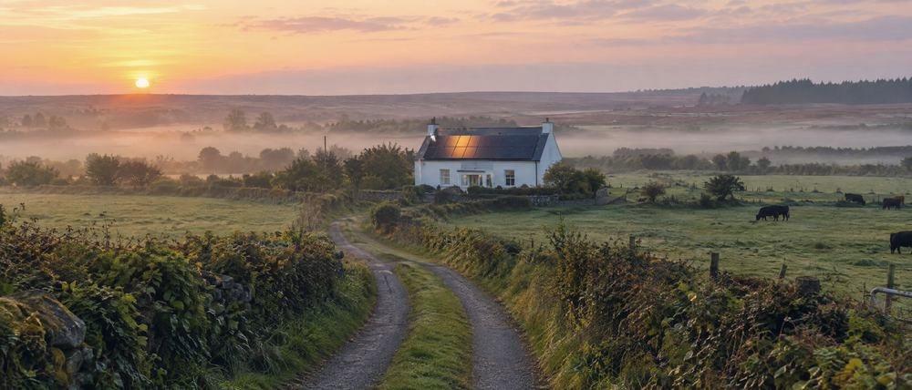 Sunrise over fields in the Irish Midlands